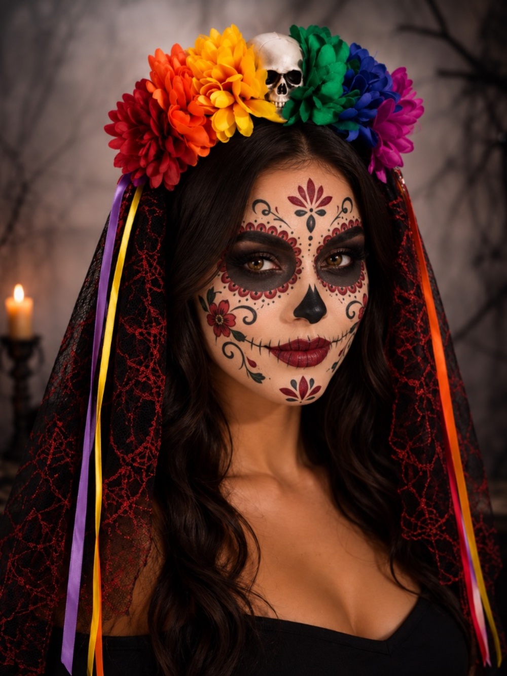 Day of the Dead Floral Skull Headband with Spiderweb Lace Veil & Rainbow Ribbons